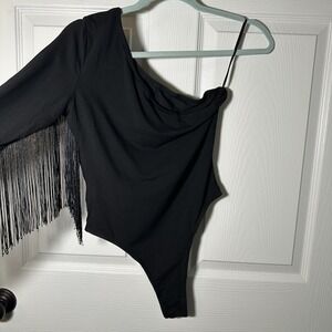 SHEIN One Shoulder Black Fringe Bodysuit Medium One Sleeve